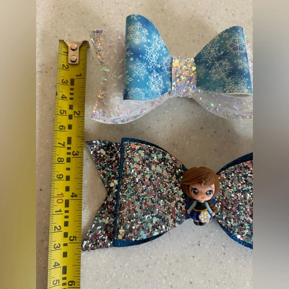 Disney Frozen Anna Inspired Blue Snowflake & Glitter Bow Hair Clip Set. Sparkly!